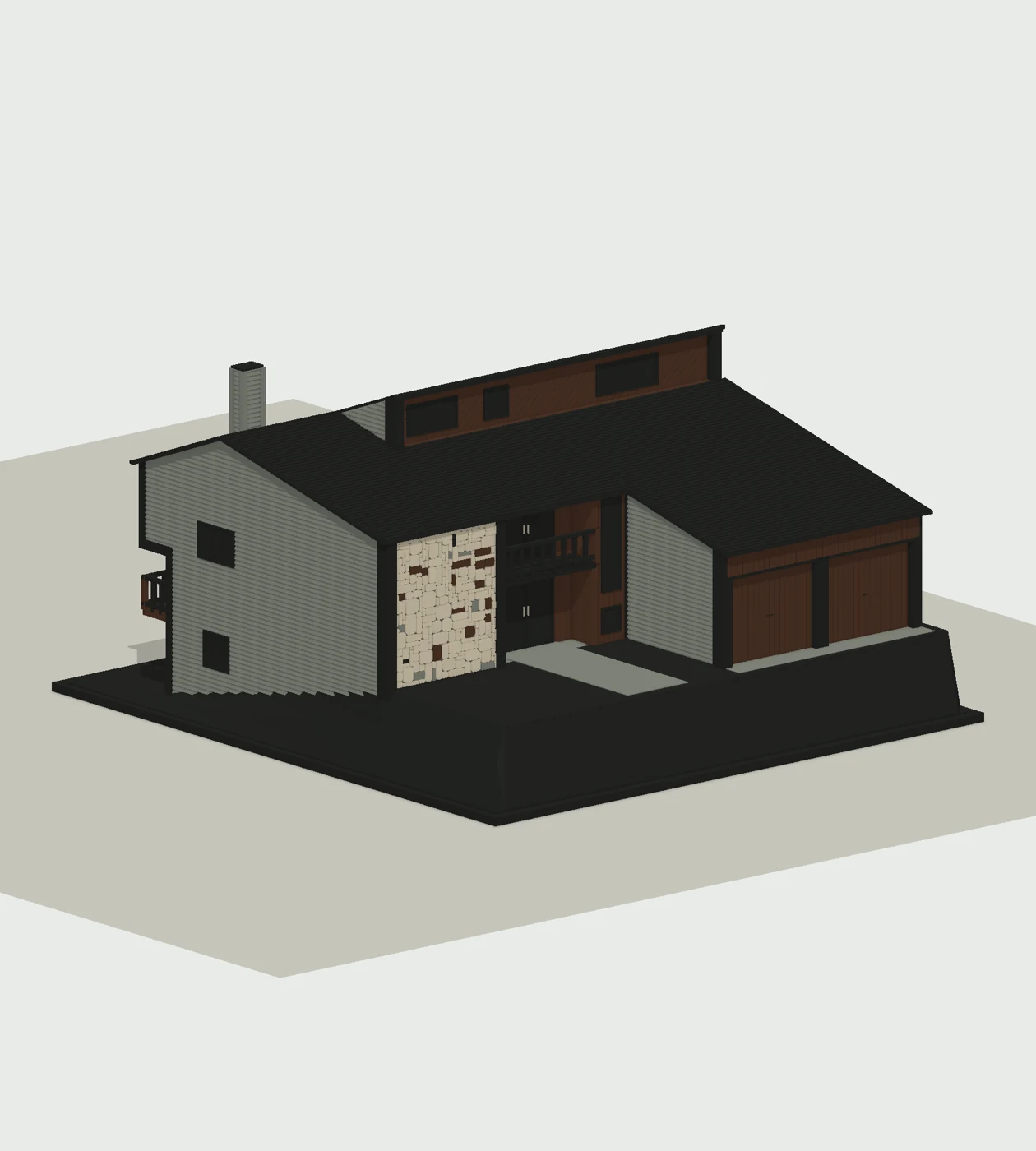 Digital model of a modern split-level house with a sloping roof, stone facade, wood siding, and an attached garage