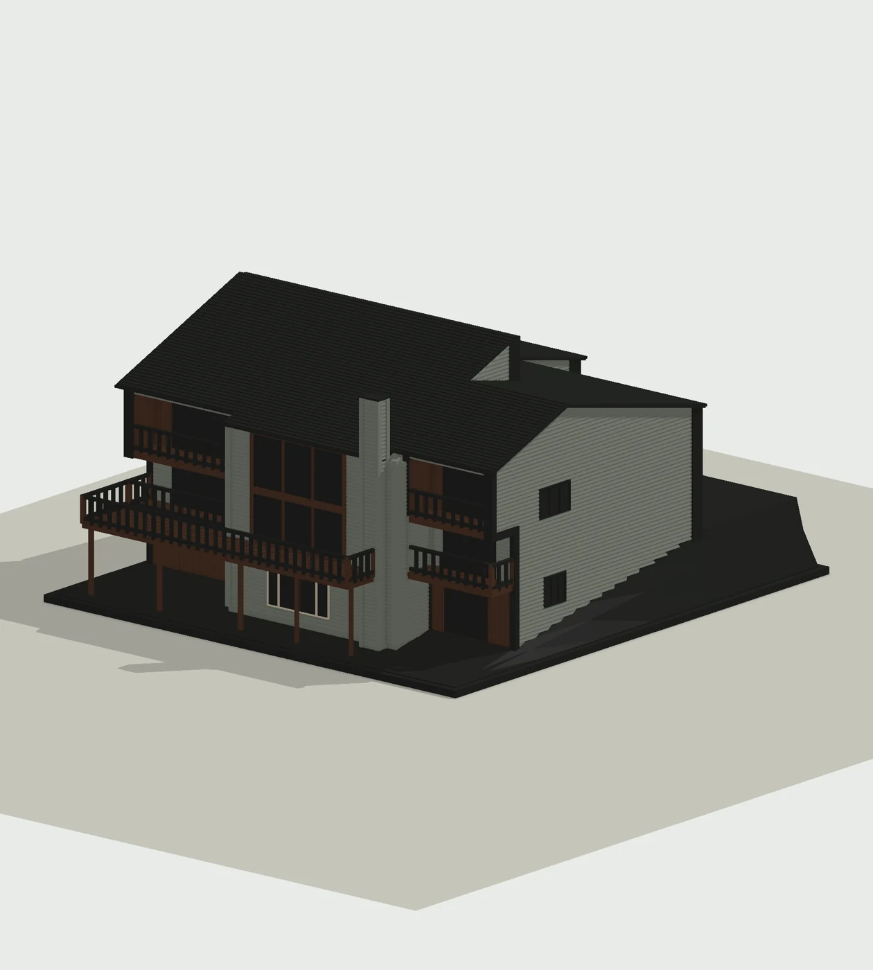 Rear digital view of the split-level house showing its decks and railings