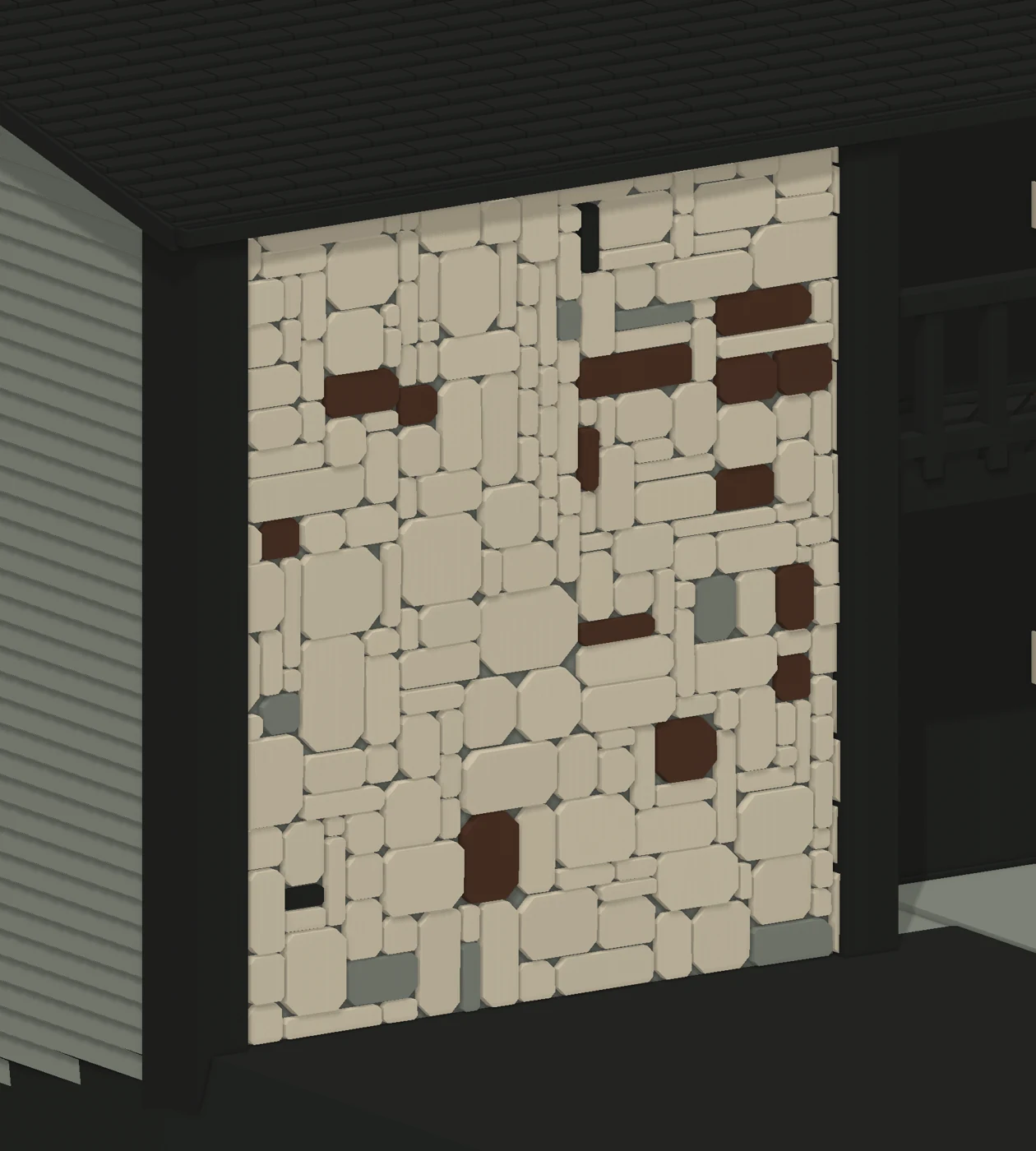 Digital close-up of the house model’s varied stone facade