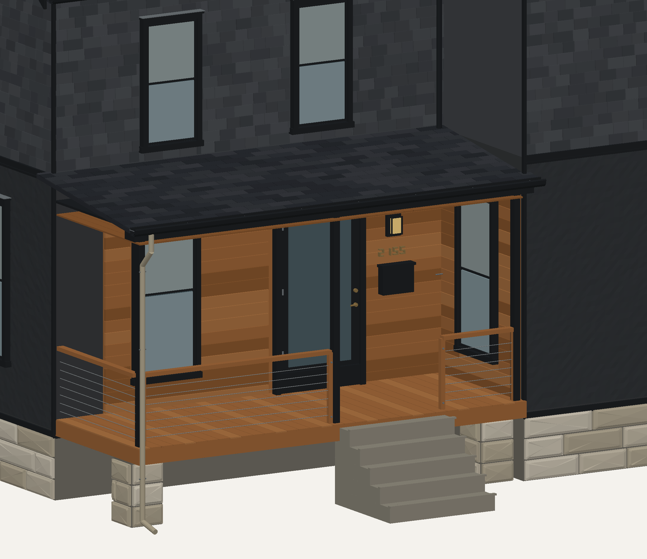 Digital close-up of the house model’s front entry and wood porch