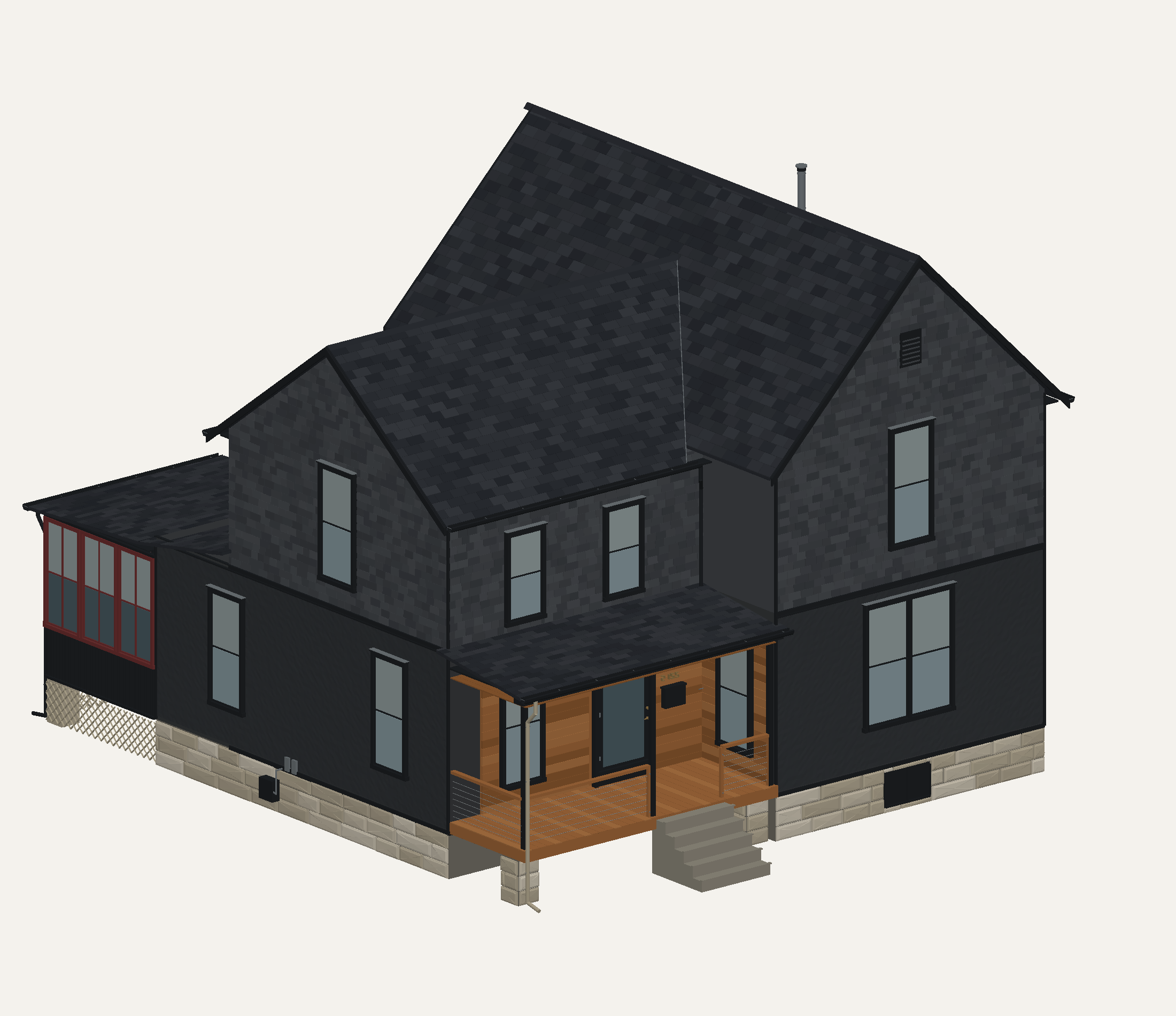 Detailed digital house model with charcoal siding, gabled roof, and warm wood front porch