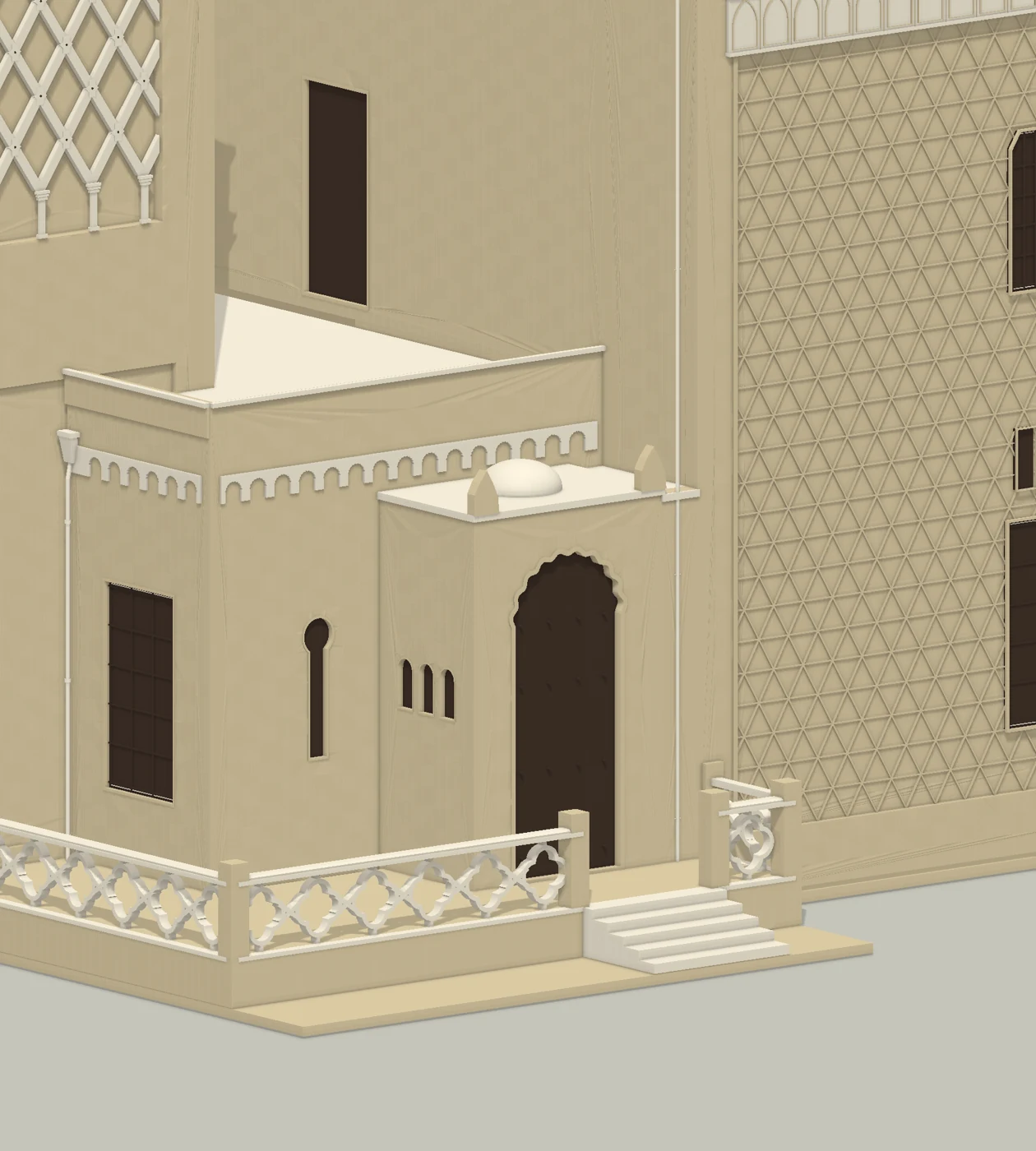 Digital close-up of Villa Kathrine’s entrance, steps, and ornamental railings