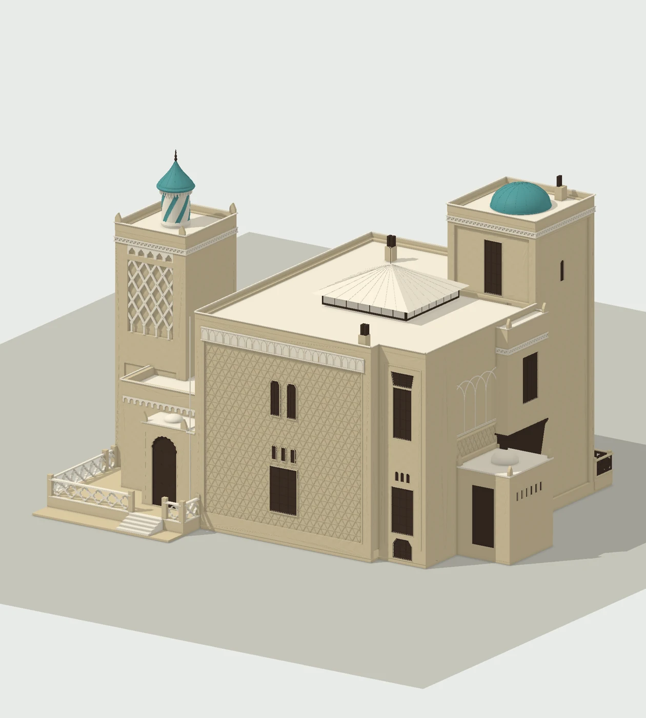 Digital model of Villa Kathrine with cream walls, ornamental trim, and turquoise tower roofs
